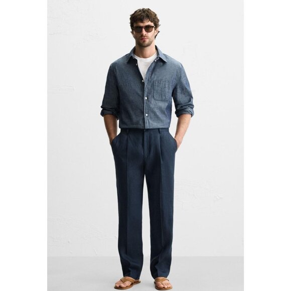 Zara Mens Pants EU 46 US 36 Regular Fit Linen Trousers Pleated blue 4410/234 NWT